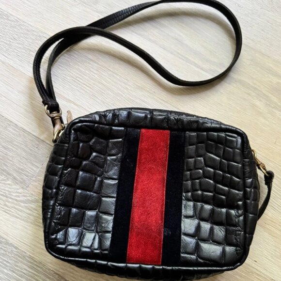 Clare V Black Croc Leather Stripe Crossbody Mini Sac Bag - Picture 1 of 5